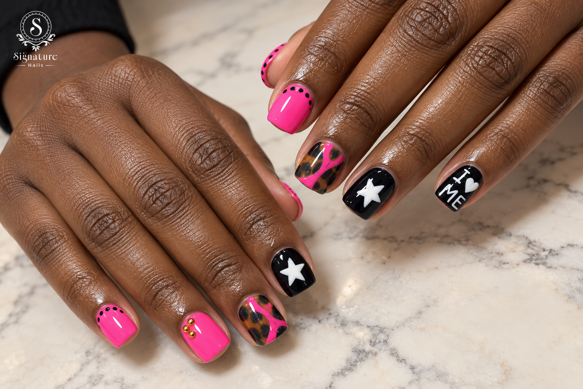 Bright pink and black short square nails with stars, dots, and animal-print details